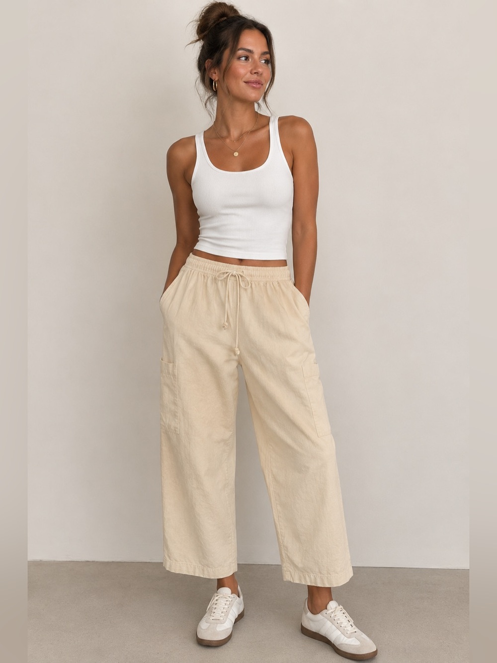 Basic Editions Women's Cream Drawstring Capris